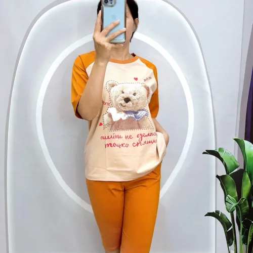 Đồ bộ quần ngố màu áo tay ngắn in hình gấu