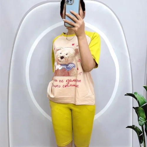 Đồ bộ quần ngố màu áo tay ngắn in hình gấu