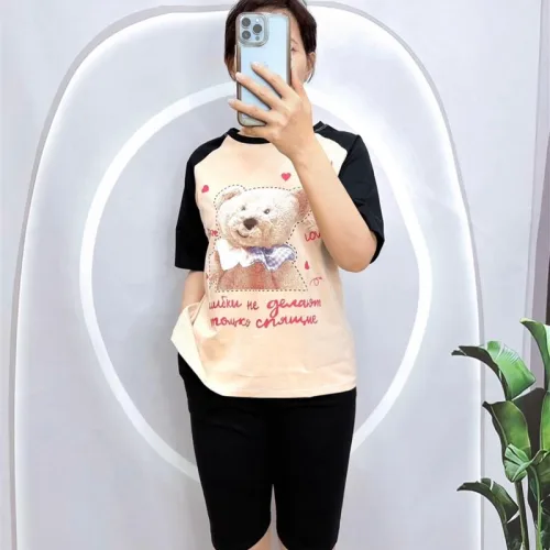 Đồ bộ quần ngố màu áo tay ngắn in hình gấu