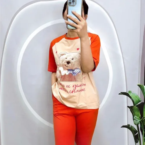 Đồ bộ quần ngố màu áo tay ngắn in hình gấu