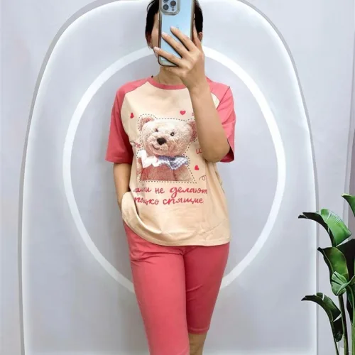 Đồ bộ quần ngố màu áo tay ngắn in hình gấu