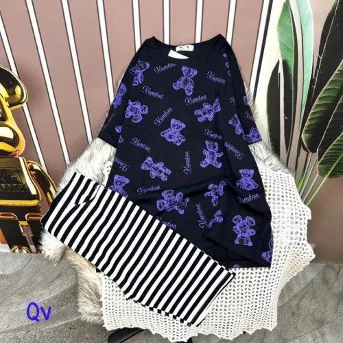 Đồ bộ quần ngố sọc áo tay ngắn in hình gấu