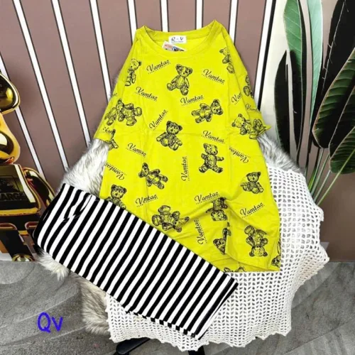 Đồ bộ quần ngố sọc áo tay ngắn in hình gấu