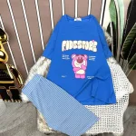 Đồ bộ quần ngố sọc áo tay ngắn in hình gấu