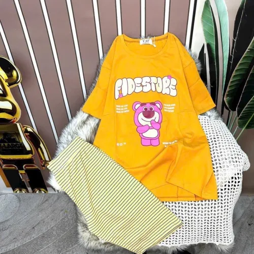 Đồ bộ quần ngố sọc áo tay ngắn in hình gấu hồng