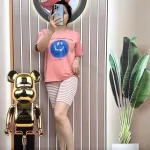 Đồ bộ quần ngố sọc áo tay ngắn in hình mặt cười