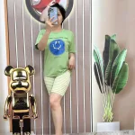 Đồ bộ quần ngố sọc áo tay ngắn in hình mặt cười