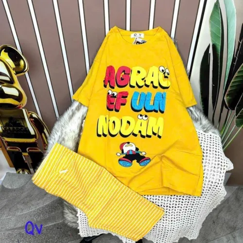 Đồ bộ quần ngố sọc màu áo tay ngắn in chữ