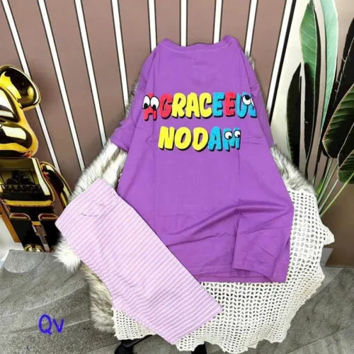 Đồ bộ quần ngố sọc màu áo tay ngắn in chữ