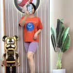 Đồ bộ quần ngố sọc màu áo tay ngắn in hình mặt cười