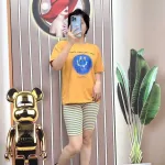 Đồ bộ quần ngố sọc màu áo tay ngắn in hình mặt cười