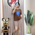 Đồ bộ quần ngố sọc màu áo tay ngắn in hình mặt cười
