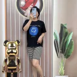 Đồ bộ quần ngố sọc màu áo tay ngắn in hình mặt cười