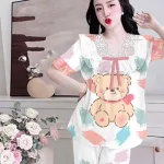 Đồ bộ satin mềm mịn quần dài tay ngắn cổ viền ren in hình