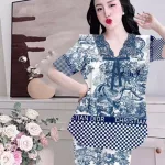 Đồ bộ satin mềm mịn quần dài tay ngắn cổ viền ren in hình