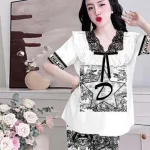 Đồ bộ satin mềm mịn quần dài tay ngắn cổ viền ren in hình