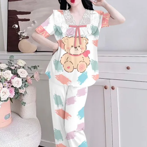 Đồ bộ satin mềm mịn quần dài tay ngắn cổ viền ren in hình