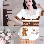Đồ bộ satin mềm mịn quần dài tay ngắn cổ viền ren in hình