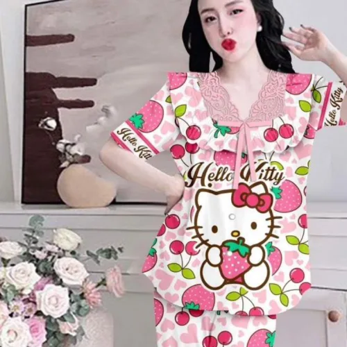 Đồ bộ satin mềm mịn quần dài tay ngắn cổ viền ren in hình