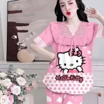 Đồ bộ satin mềm mịn quần dài tay ngắn cổ viền ren in hình