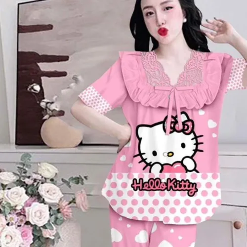 Đồ bộ satin mềm mịn quần dài tay ngắn cổ viền ren in hình