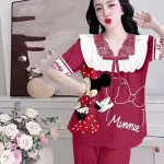 Đồ bộ satin mềm mịn quần dài tay ngắn cổ viền ren in hình