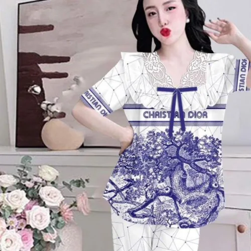Đồ bộ satin mềm mịn quần dài tay ngắn cổ viền ren in hình