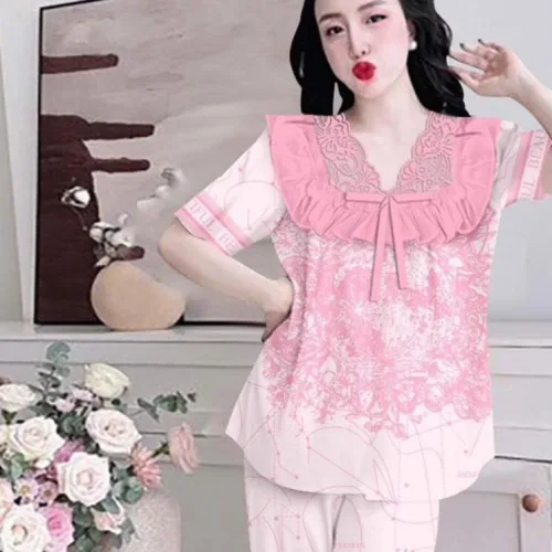 Đồ bộ satin mềm mịn quần dài tay ngắn cổ viền ren in hình
