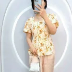 Đồ bộ satin quần dài áo tay ngắn cổ vuông in hoạ tiết