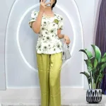 Đồ bộ satin quần dài áo tay ngắn cổ vuông in hoạ tiết