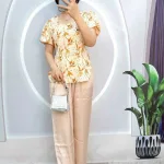 Đồ bộ satin quần dài áo tay ngắn cổ vuông in hoạ tiết