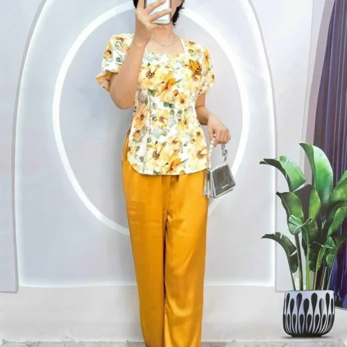 Đồ bộ satin quần dài áo tay ngắn cổ vuông in hoạ tiết