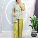 Đồ bộ satin quần dài áo tay ngắn cổ vuông in hoạ tiết