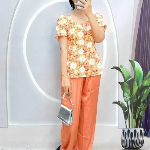 Đồ bộ satin quần dài áo tay ngắn cổ vuông in hoạ tiết