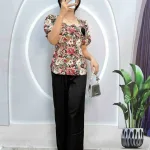 Đồ bộ satin quần dài áo tay ngắn cổ vuông in hoạ tiết
