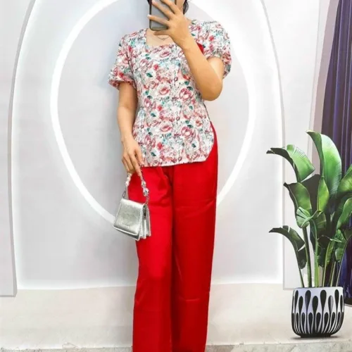 Đồ bộ satin quần dài áo tay ngắn cổ vuông in hoạ tiết