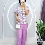 Đồ bộ satin quần dài áo tay ngắn cổ vuông in hoạ tiết