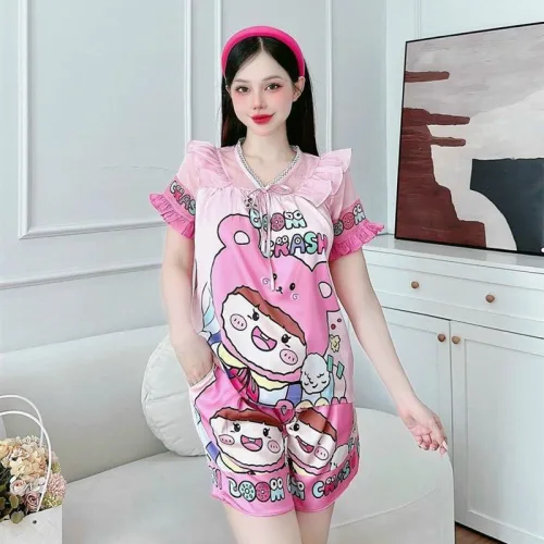 Đồ bộ satin quần đùi áo tay ngắn bèo cổ bèo hoạ tiết dể thương