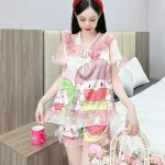 Đồ bộ satin quần đùi áo tay ngắn bèo cổ bèo hoạ tiết dể thương