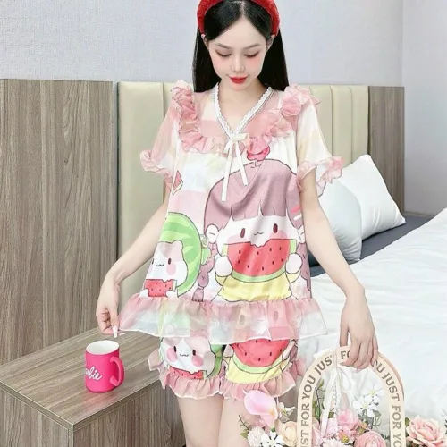 Đồ bộ satin quần đùi áo tay ngắn bèo cổ bèo hoạ tiết dể thương