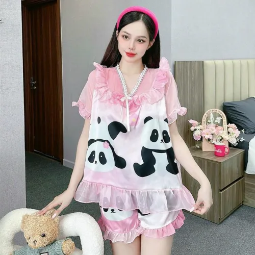 Đồ bộ satin quần đùi áo tay ngắn bèo cổ bèo hoạ tiết dể thương