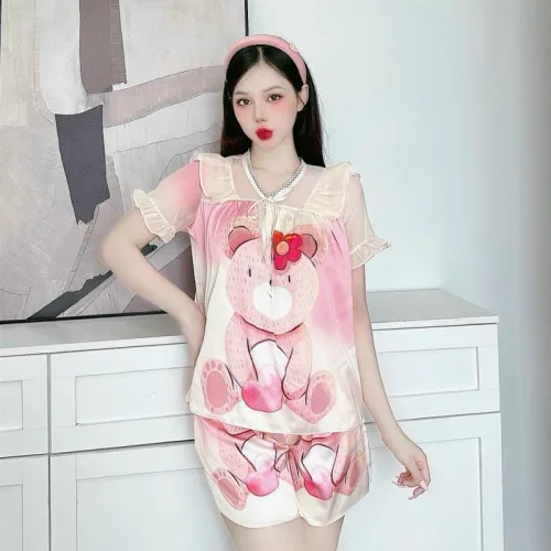 Đồ bộ satin quần đùi áo tay ngắn bèo cổ bèo hoạ tiết dể thương