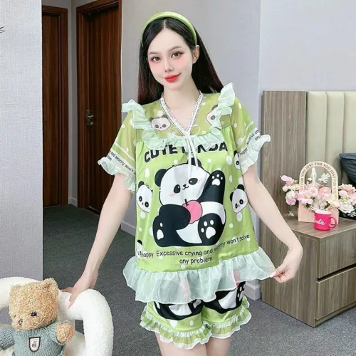 Đồ bộ satin quần đùi áo tay ngắn bèo cổ bèo hoạ tiết dể thương