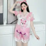 Đồ bộ satin quần đùi áo tay ngắn bèo cổ bèo hoạ tiết dể thương