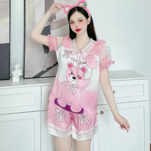 Đồ bộ satin quần đùi áo tay ngắn bèo cổ bèo hoạ tiết dể thương