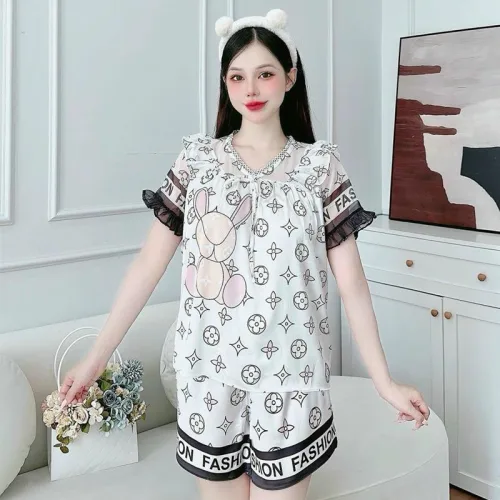 Đồ bộ satin quần đùi áo tay ngắn bèo cổ bèo hoạ tiết dể thương