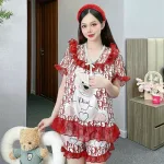 Đồ bộ satin quần đùi áo tay ngắn bèo cổ bèo hoạ tiết dể thương