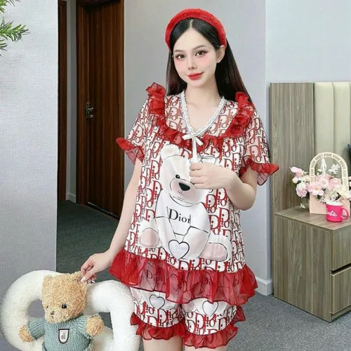 Đồ bộ satin quần đùi áo tay ngắn bèo cổ bèo hoạ tiết dể thương