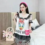 Đồ bộ satin quần đùi áo tay ngắn bèo cổ bèo hoạ tiết dể thương