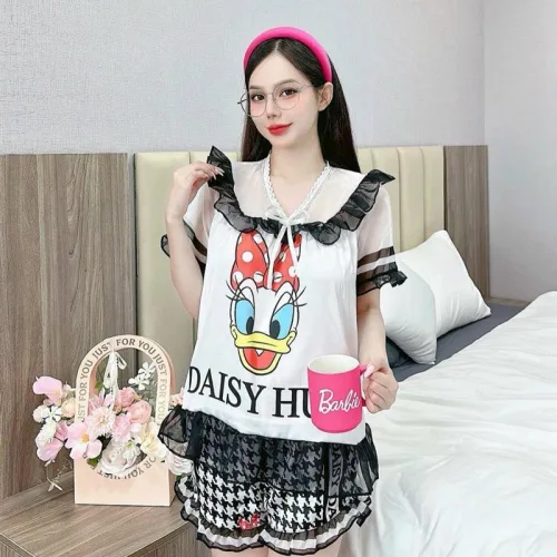Đồ bộ satin quần đùi áo tay ngắn bèo cổ bèo hoạ tiết dể thương